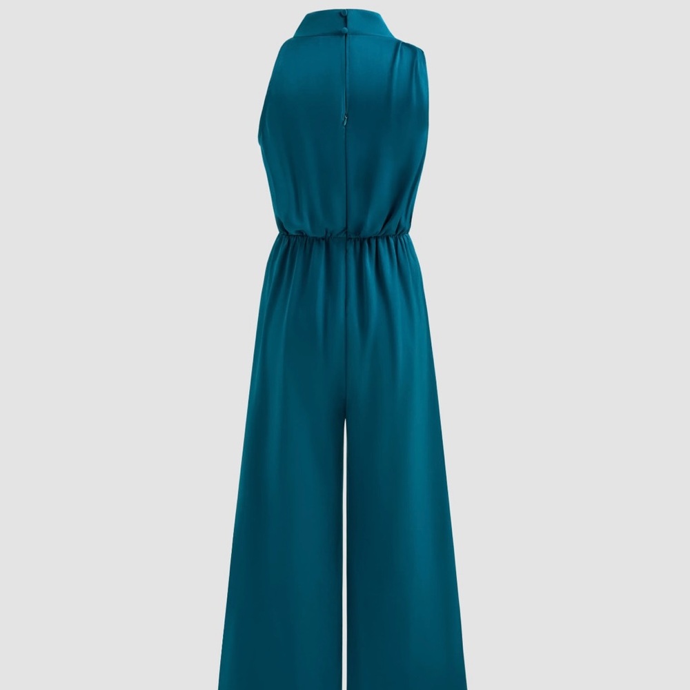 Cider Satin high neck solid zipper pleated wide leg jumpsuit green blue